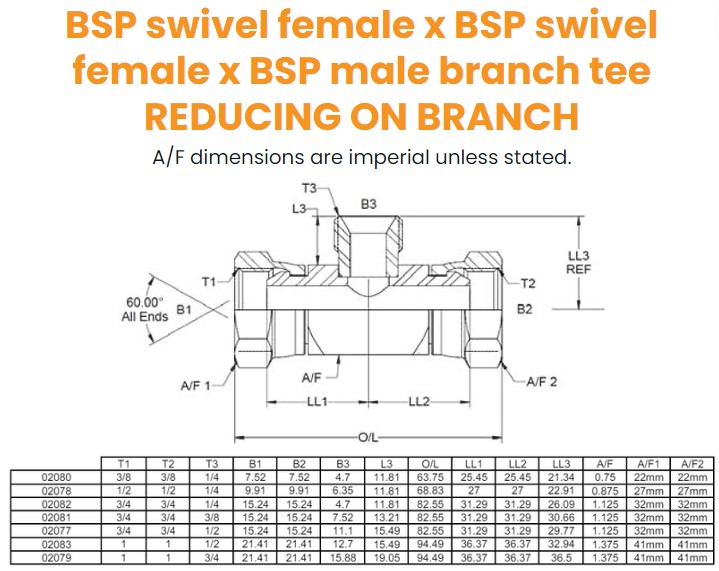 3/8 x 3/8 x 1/4 BSP F/F/M Tee Hydraulic Adaptor